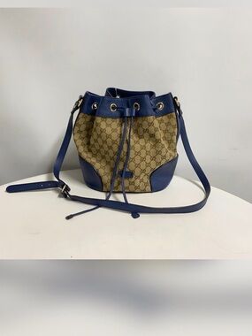 Gucci Beige GG Canvas Drawstring Bucket Bag with Blue Leather Trim